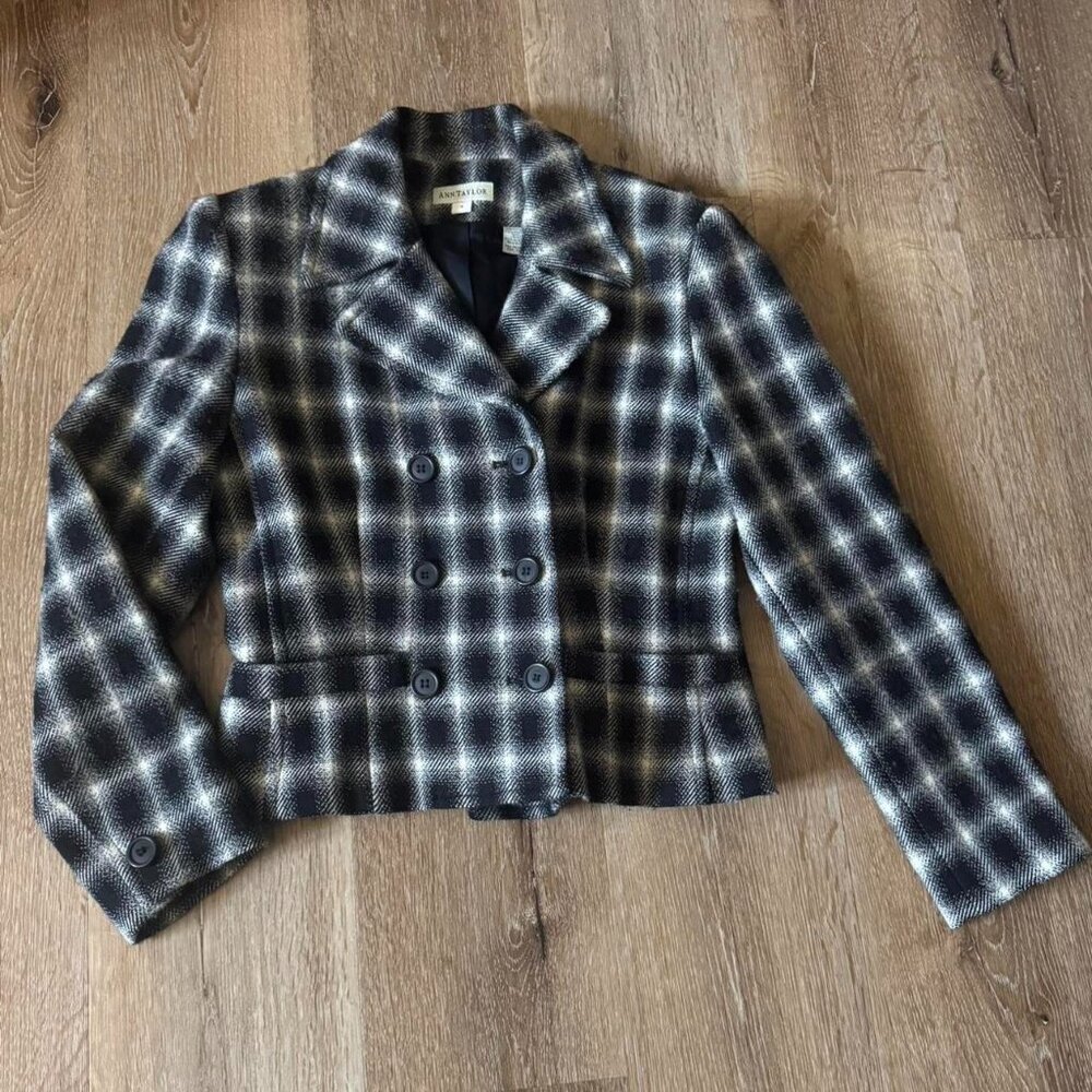 Vintage Ann‎ Taylor 100% Wool Checkered Plaid Tartan Fitted Crop Blazer Size 4